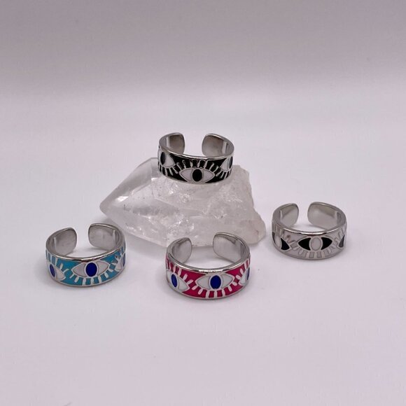 Boho Evil Eye Enamel Adjustable Ring #1306 WHITE - Picture 4 of 13